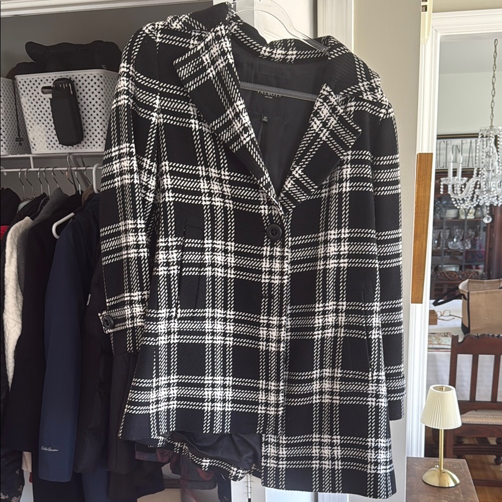 Talbots Black & White Plaid Wool Blend Big Button Preppy Academia Pea Coat